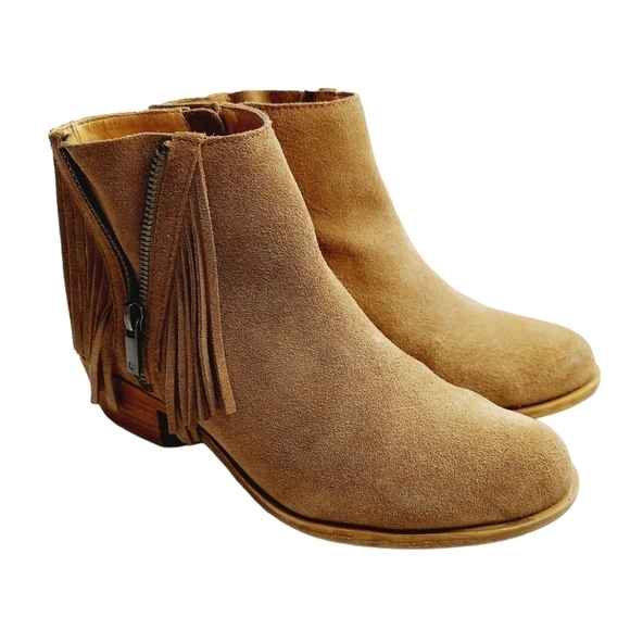 Lucky Brand Fringe Bootie Brown Tan Suede Beeliner Boot Double Zipper Boot Sz 7 - Picture 3 of 16
